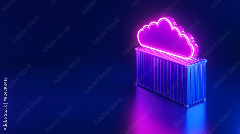 Poster neon cloud over shipping container, symbolizing cloud computing and data storage. futuristic tech co