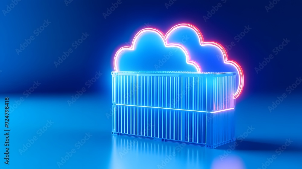 Poster neon cloud storage container glowing in blue light, representing cloud computing technology and data