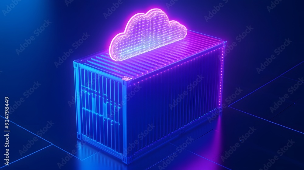 Poster neon futuristic illustration of a container with a cloud symbol, representing cloud computing and da