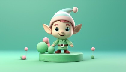 A cheerful cartoon elf character standing on a green base with colorful spheres, perfect for festive and whimsical themes.