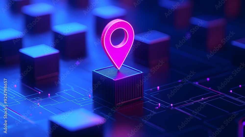 Poster neon location pin on a digital grid, representing modern technology and futuristic navigation in a v