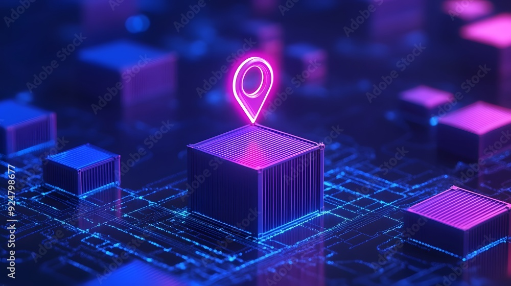 Poster neon location pin over digital grid representing modern technology, connectivity, and data networks 