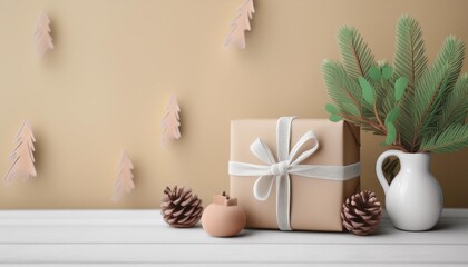A beautifully wrapped gift sits on a white table, surrounded by pinecones and greenery, creating a cozy festive atmosphere.