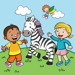 Naklejka premium Kids playing with zebra in the garden story book Illustrator Artwork