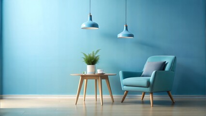 Modern minimalist interior with a blue armchair

