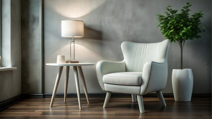 Modern interior with white armchair and table lamp

