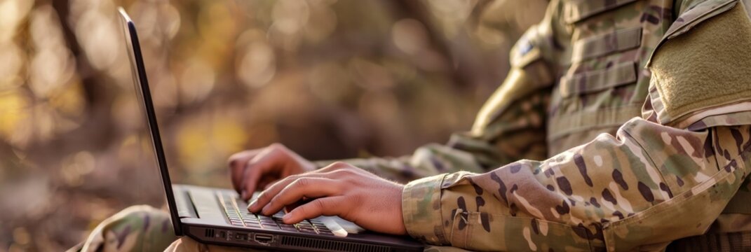 A soldier types on a laptop while sitting outdoors, surrounded by nature and wearing tactical gear, possibly carrying out field operations.