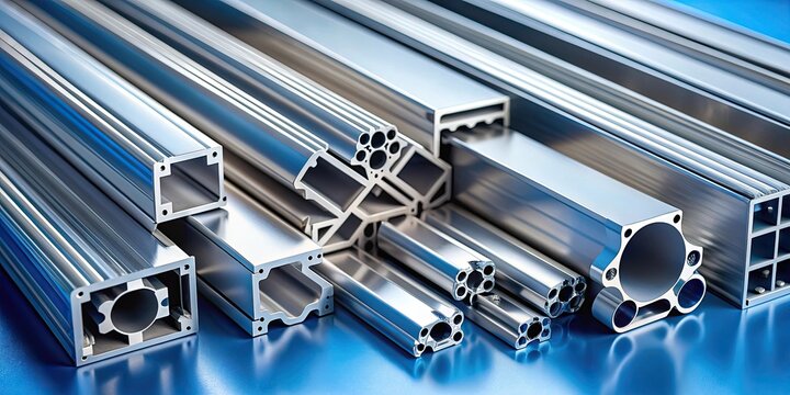 Close-up shot of various aluminum extrusion profiles in front of a blue background, aluminum, extrusion, profiles
