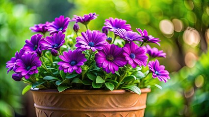 A pot of vibrant purple and violet wide-petaled plants surrounded by lush green leaves, purple, violet, wide-petaled