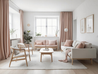A Scandinavian living space with pastel-colored textiles, light wood furniture, and minimalist decor.