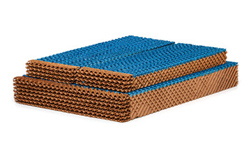 Evaporative cooling pad, made of corrugated cellulose materials with honeycomb-like structure, is...