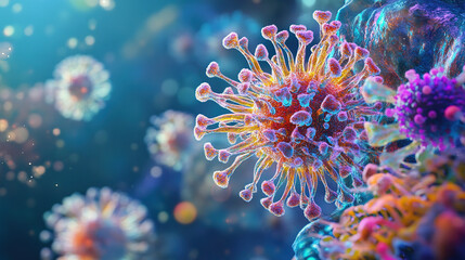 Fototapeta premium An artistic 3D representation of a virus cell, highlighting intricate details and interactions with host cells, rendered in a vibrant color palette to showcase the complexity of viral behavior.