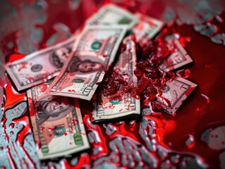 Stacks of dollar bills stained with red liquids, set against a dramatic background © Dream maker