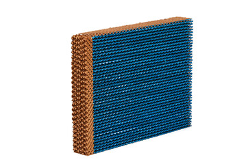 Evaporative cooling pad, made of corrugated cellulose materials with honeycomb-like structure, is used in evaporative air cooling systems to cool air through the evaporation of water, isolate on white