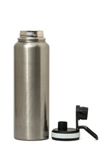 Stainless steel insulated water bottle with opened cap. This reusable bottle is commonly used to keep beverages hot or cold for an extended period isolated on white background, Close-up, clipping path