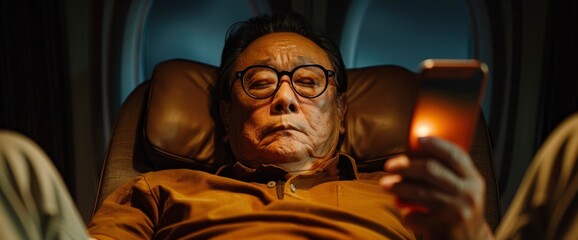 An Asian Person Onboard An Airplane, Looking Out Of The Window And Using Their Mobile Phone, Feeling Contemplative And Connected