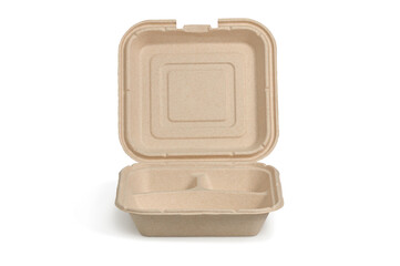 Molded pulp or fiber clamshell takeout container made of eco-friendly, biodegradable material and has a hinged design that allows to open or close to contain food items, isolated on a white background
