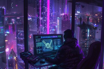 Futuristic Cityscape with Cyberpunk Hacker and Holographic Interfaces.