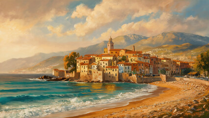 Oil painting of a small town on the Mediterranean Sea, mountains in the background, beautiful summer weather