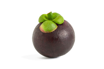 Mangosteen, tropical fruits are round reddish-purple fruits with a white fleshy interior vibrant colors, distinctive forms, and exotic natural fruits, isolated on white background, Clipping path.