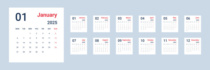 Monthly calendar template for the year 2025. Vector wall or desk calendar layout with week starting Monday.