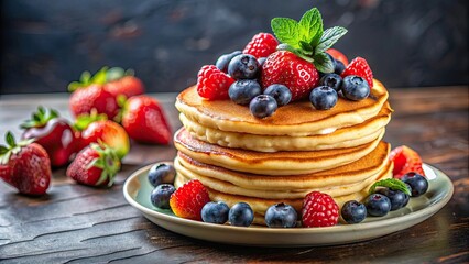 Fluffy buttermilk pancakes topped with fresh mixed berries, pancakes, berries, buttermilk, breakfast, brunch, stack, homemade, delicious