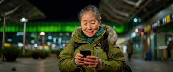 An Asian Woman Using A Smartphone At The Airport Terminal, Wearing A Green Jacket