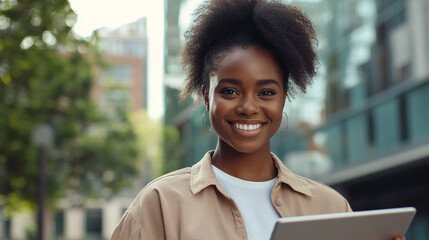 Woman with tablet on the street.