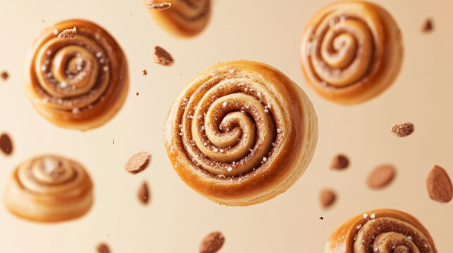 Freshly Baked Cinnamon Rolls with Almonds on a Beige Background