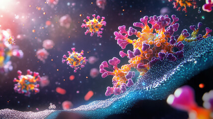 Fototapeta premium An artistic 3D representation of a virus cell, highlighting intricate details and interactions with host cells, rendered in a vibrant color palette to showcase the complexity of viral behavior.