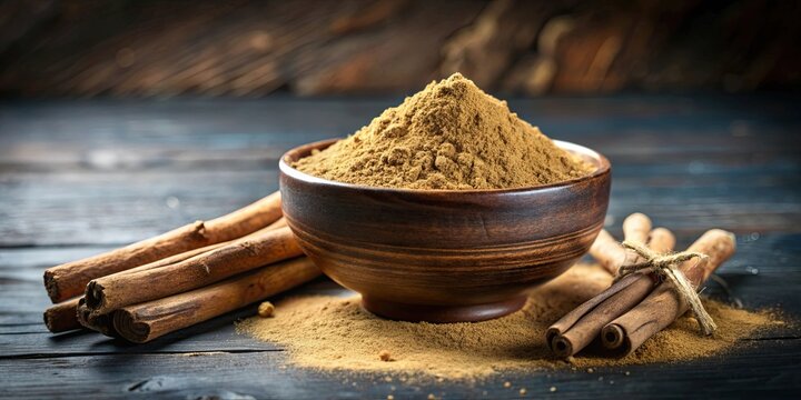 Ayurvedic Mulethi or Liquorice root stick or jeshthamadh powder served in a bowl over moody background , Ayurveda