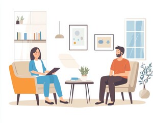Counselor guiding a patient through emotional processing in a serene therapy room, healing journey concept