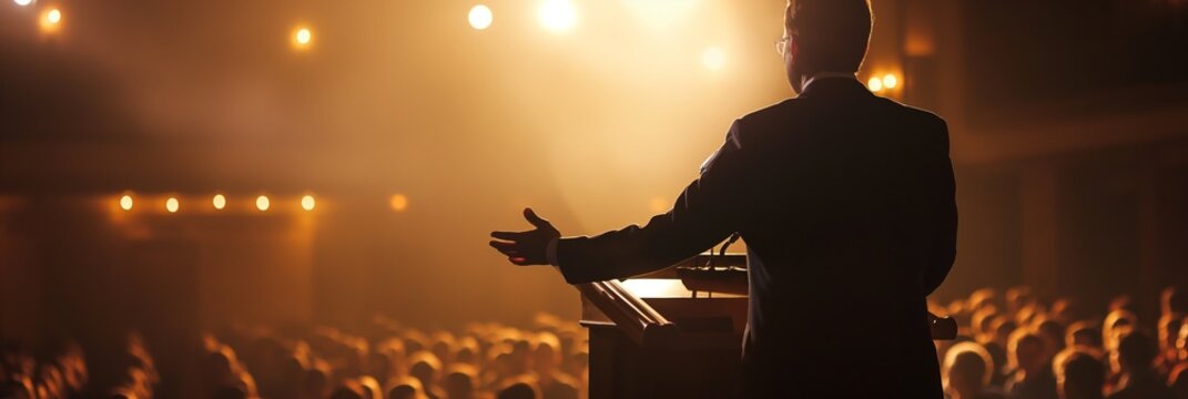 A speaker is addressing an attentive audience in a dimly lit auditorium, capturing a moment of engagement and communication in a professional setting.