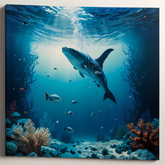 Fototapeta premium shark, fish, underwater, sea, ocean, water, reef, blue, marine, grey, dolphin, animal, swimming, diving, predator, caribbean, danger, sharks, teeth, tropical, aquarium, scuba, nature, coral, swim, dee