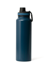 Close-up of blue reusable steel stainless eco thermo water bottle isolated on a white background with clipping path. Zero waste, Plastic disposable bottles. Environment concept.