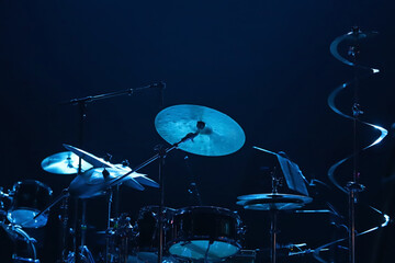 Drum kit on stage at night