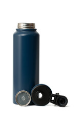 Close-up of blue reusable steel stainless eco thermo water bottle with opened cap isolated on a white background with clipping path. Zero waste, Plastic disposable bottles. Environment concept.