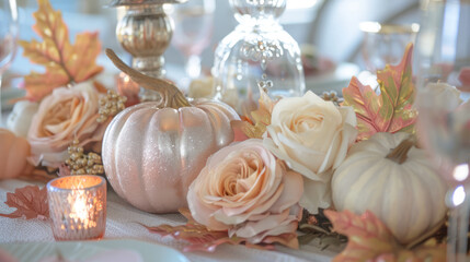 Autumn Centerpiece With Glittering Pumpkins and Roses