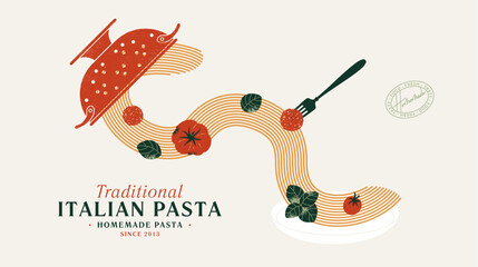 Horizontal illustration with colander and spaghetti. Pasta with basil and tomatoes. 