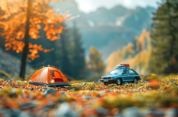 Camping in autumn forest with yellow trees and blue camper van. 3d miniature model toy.