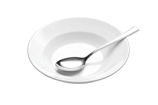 An elegant white dish accompanied by a shiny metal spoon, perfect for showcasing your culinary creations or restaurant settings.