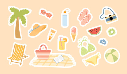 Summer stickers set. Set of beach holiday, elements for sea, summer vacation trip. Hello summer. Swimsuit, sun hat, glasses, ball, watermelon, ice cream, drink, towel, flip-flops, sun cream, bottle.