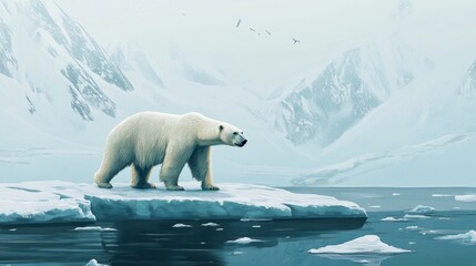 Polar Bear Standing on Melting Ice Floe
