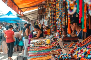 Obraz premium Vibrant Marketplace with Artisan Selling Colorful Handmade Jewelry