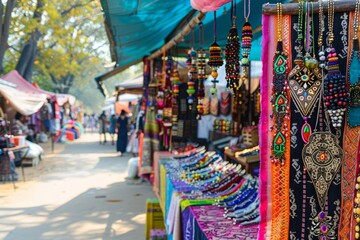 Obraz premium Vibrant Marketplace Scene Featuring Local Artisan with Handmade Jewelry