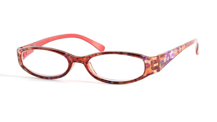 Reading glasses, isolated on a white background. The glasses have a bold red frame, a blend of functionality and style, with practical eyeglasses.