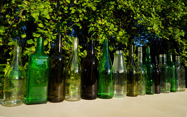 Glass bottle recycling. Empty glass bottles. Glass waste recycle. Glass bottles for reuse. Bottles...
