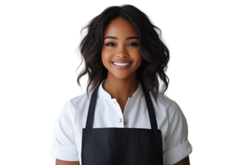 Happy black female waitress in white uniform on transparent background