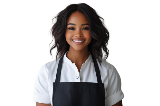 Happy black female waitress in white uniform on transparent background