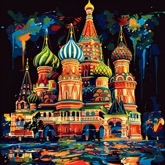 a vibrant and colorful interpretation of Saint Basil’s Cathedral at night